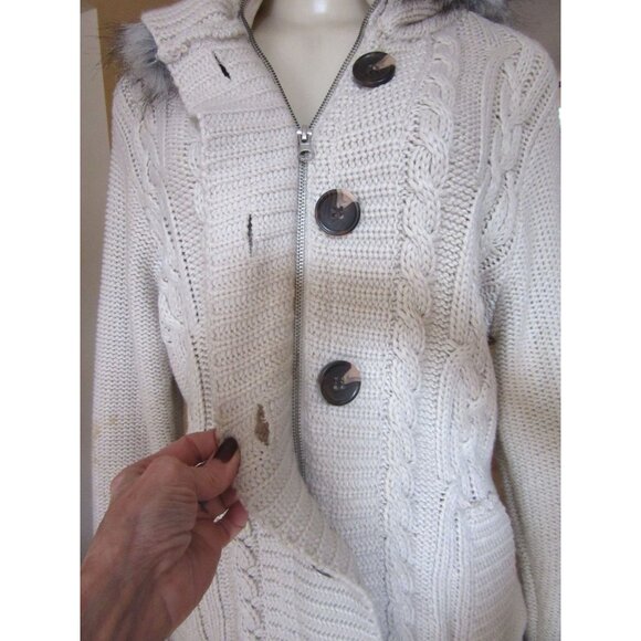 Y2K Michelle Nicole Beige Chunky Knit Full Zip Button Faux Fur Hooded Cardigan M - Picture 7 of 8